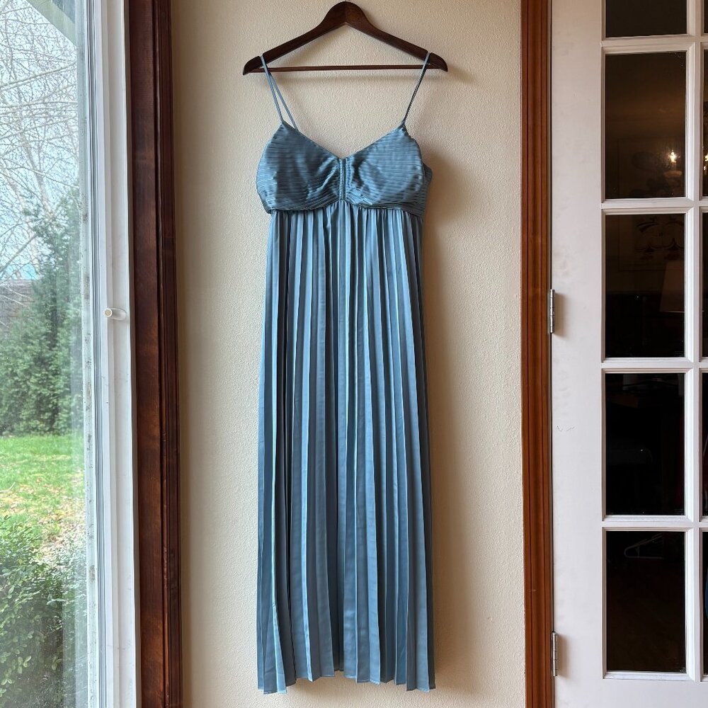 Blue Satin Pleated Midi Dress Accordion Pleats Empire Waist Smocked Back Size L